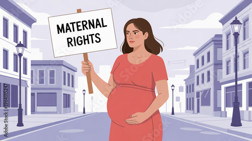 Pregnant woman holding maternal rights sign on city street advocating reproductive rights and social issues