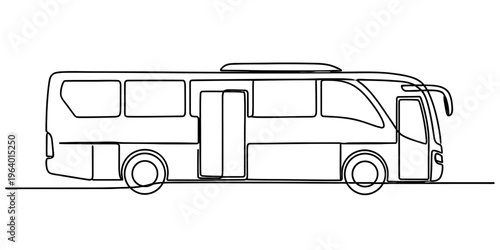A continuous single line drawing of a passenger bus shown from a side view in a minimal style.