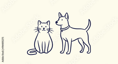 Line art drawing of a cat and dog sitting next to each other.