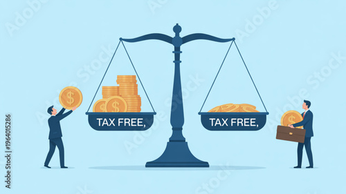 Businessmen weighing tax free coins and cash on balance scale symbolizing financial equality and smart money management