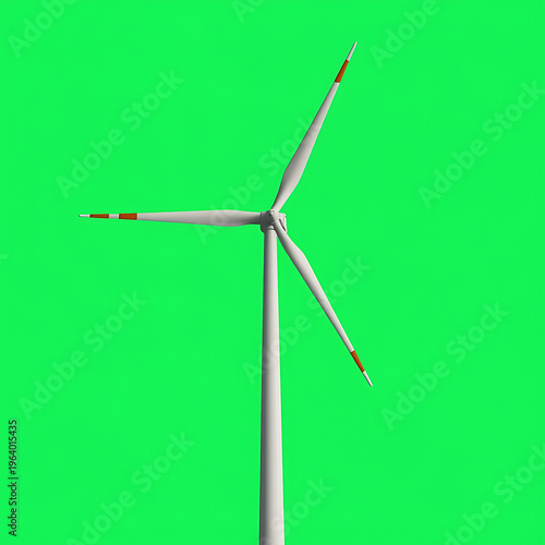 A wind turbine stands against a vibrant green background, symbolizing renewable energy and sustainability.