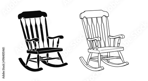 Vector illustration of set of rocking chair icons, silhouette and line art style