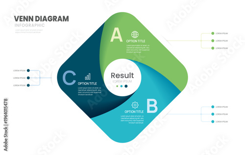 Infographic Venn diagram chart template for business 3 parts options, presentation with venn diagram elements vector illustration.