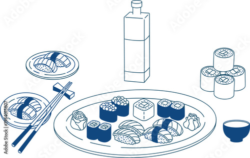 Japanese sushi set with soy sauce and chopsticks on a plate.