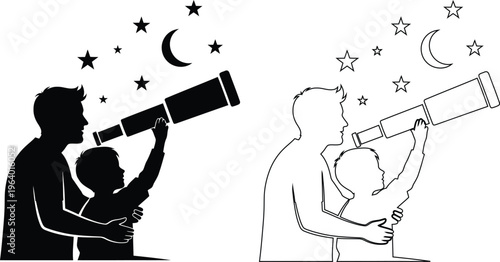 Family stargazing with telescopes under night sky illustration