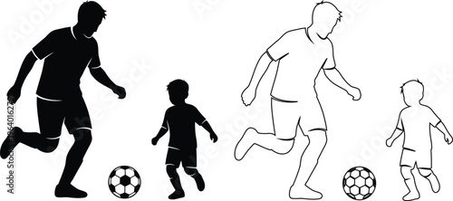 Children learning soccer skills from adult players illustration