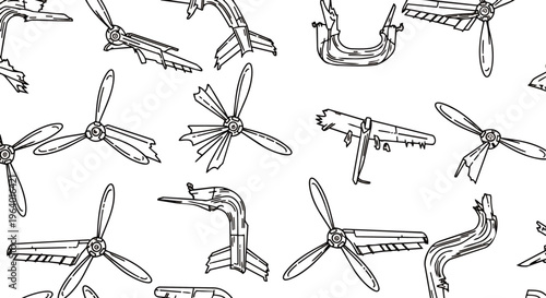 seamless pattern of broken airplane parts and damaged propellers in line art style illustrating aircraft wreckage for safety concepts.