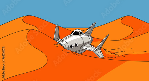 spaceship crash in desert landscape partially buried in orange sand dunes under clear blue sky depicting sci-fi adventure.