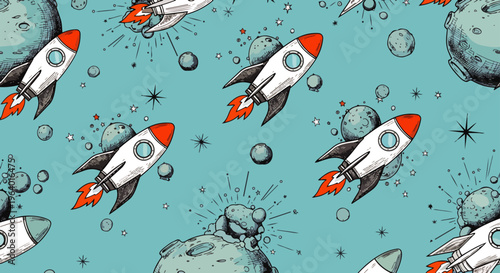 seamless pattern of hand-drawn space rockets and planets on a teal cosmic background ideal for childrens designs and exploration themes.