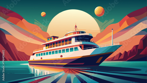 A large white and blue boat on the water