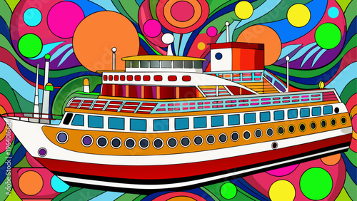 A large cruise ship with a vibrant color scheme