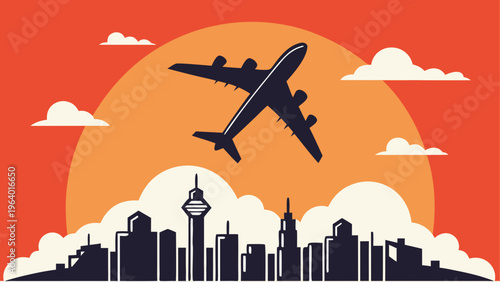 Airplane flying over a city skyline at sunset