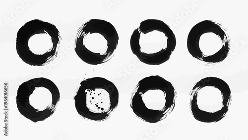 enso brush stroke circles black ink abstract zen shapes with grunge texture on a white background for artistic design