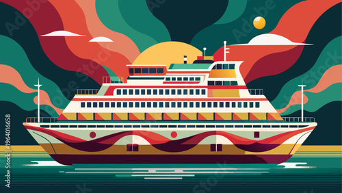 A large colorful cruise ship on the water