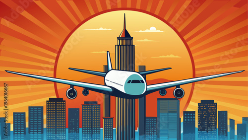 Airplane flying over a city skyline at sunset