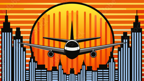 Airplane flying over city skyline at sunset