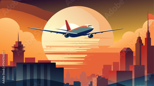 Airplane flying over a city skyline at sunset