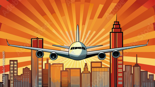 Airplane flying over a city skyline at sunset