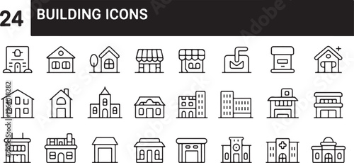 Building icons collection featuring residential houses urban architecture commercial shops and public facility outline symbols.