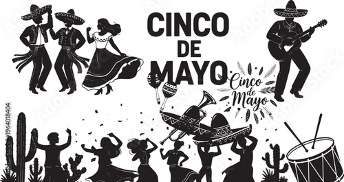 Cinco de mayo celebration with traditional mexican silhouettes
