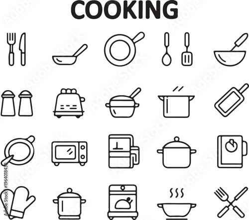 Cooking line icons collection on transparent background kitchen utensils and food preparation elements.