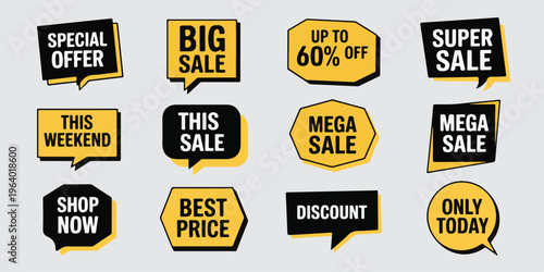 Colorful sale and discount speech bubble tags with promotional text and background.