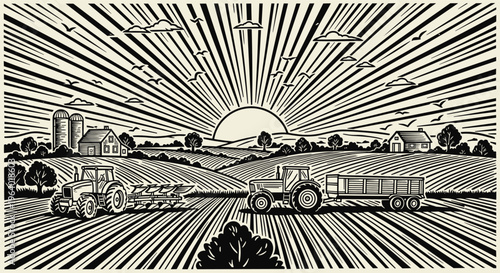 Rural landscape with farms, tractors and sunrise over fields.