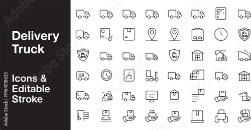 Delivery truck icons set with editable stroke including logistics shipping cargo transport distribution and courier service symbols.