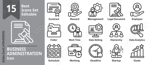 Business Administration icon set. Contains office management, documents, planning, scheduling, reporting, workflow organization, and administrative task. Editable outline vector illustration.