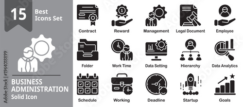 Business Administration Icon set. Including business, administration, office, management, document and more. Solid vector icons collection. Vector Illustration.