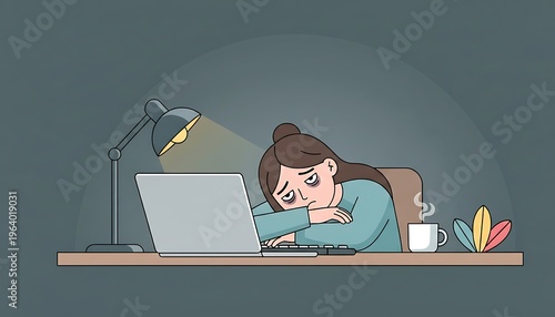 Tired woman sleeping on laptop feeling exhausted illustration