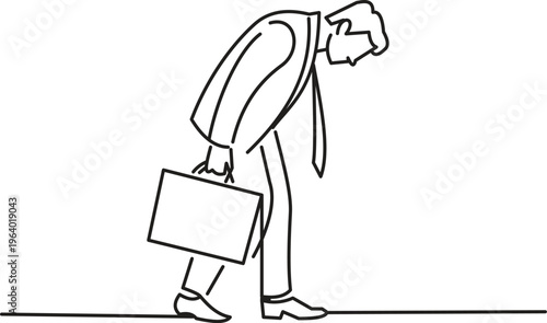 Minimalist continuous line art of a tired businessman carrying a briefcase, burnout and work stress concept.