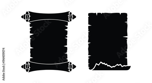 Vector illustration of set of black silhouettes of old parchment scrolls and torn paper sheets