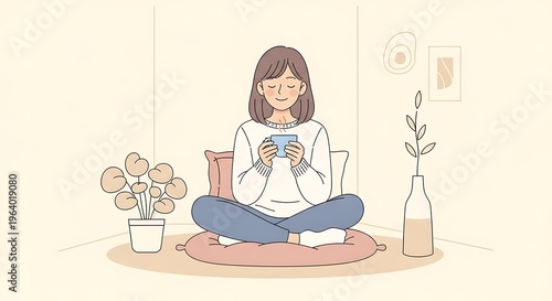 Woman meditating with tea in calm cozy room illustration