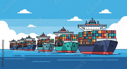 Fleet of Container Ships Sailing on the Ocean Under a Blue Sky.