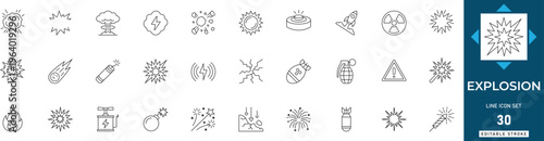 Explosion line icon set featuring bomb, blast, impact, fire, smoke, bang, and crash. Professional editable vector illustration.
