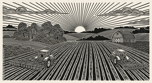 Farming scene with tractors plowing fields at sunrise on countryside farm.