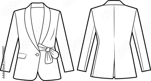 Fashion flat sketch of women’s blazer with shawl collar, single button closure, front bow tie detail, back slit design, illustration
