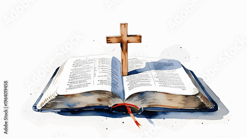 Artistic representation of an open holy bible with a wooden cross standing on it in a bright environment symbolizing religious study and devotion