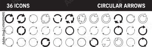 Circular arrows icon set with various rotation symbols for reload refresh and synchronization processes in black linear style.