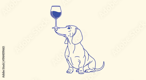 Funny dachshund dog balancing wine glass on its nose in blue outline style.