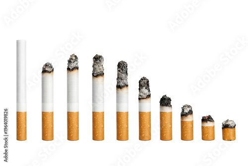 Cigarette smoking progression sequence, burning tobacco cigarettes in various stages of consumption, conceptual health risk and addiction metaphor isolated PNG with Transparent Background