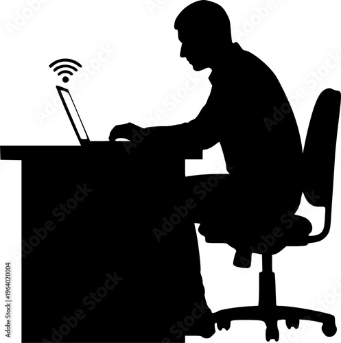 Focused Freelancer Working Remotely on Laptop at Home.silhouette vector black