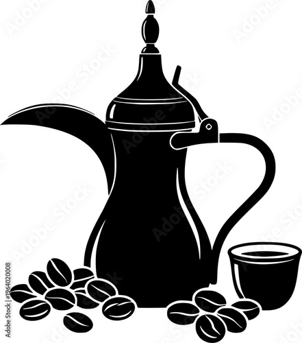Traditional Arabic Coffee Pot with Cup in Cultural Still Life Scene.silhouette vector black