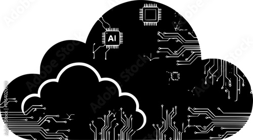 Cloud AI Concept with Artificial Intelligence and Data Processing.silhouette vector black