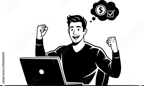 Happy Freelancer Working on Laptop at Home with Smile.silhouette vector black 