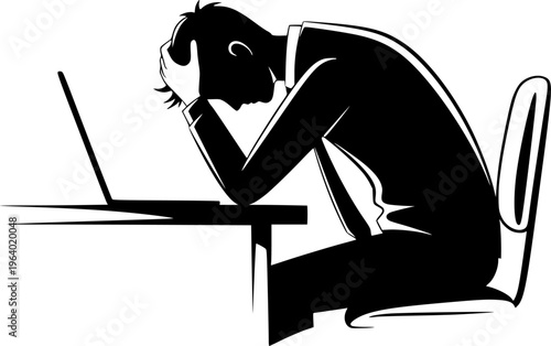 Stressed Man Sitting at Desk Feeling Work Pressure and Burnout.silhouette vector black