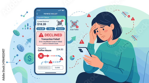 Stressed Woman Looking at Declined Payment on Smartphone App