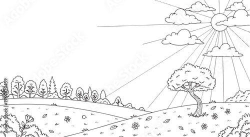 A black and white sketch of a windmill on a hill with trees and a bridge