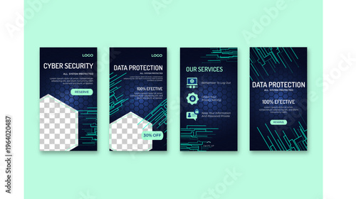 A collection of four cyber security and data protection banners on a light green background
